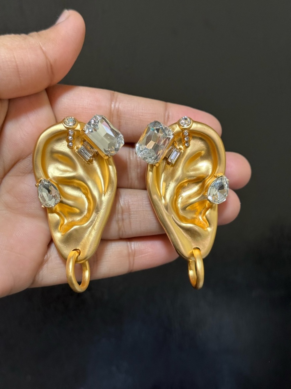Schiaparelli Inspired Gold Ear-Shaped Crystal Statement Earrings - Picture 3 of 4